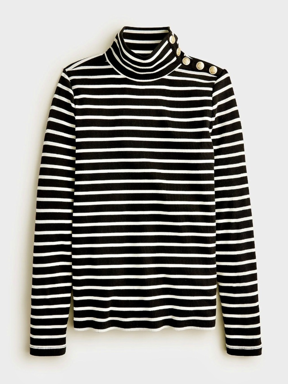 J.Crew Vintage Rib Striped Turtleneck Gold Button Black White Top Sz Large
